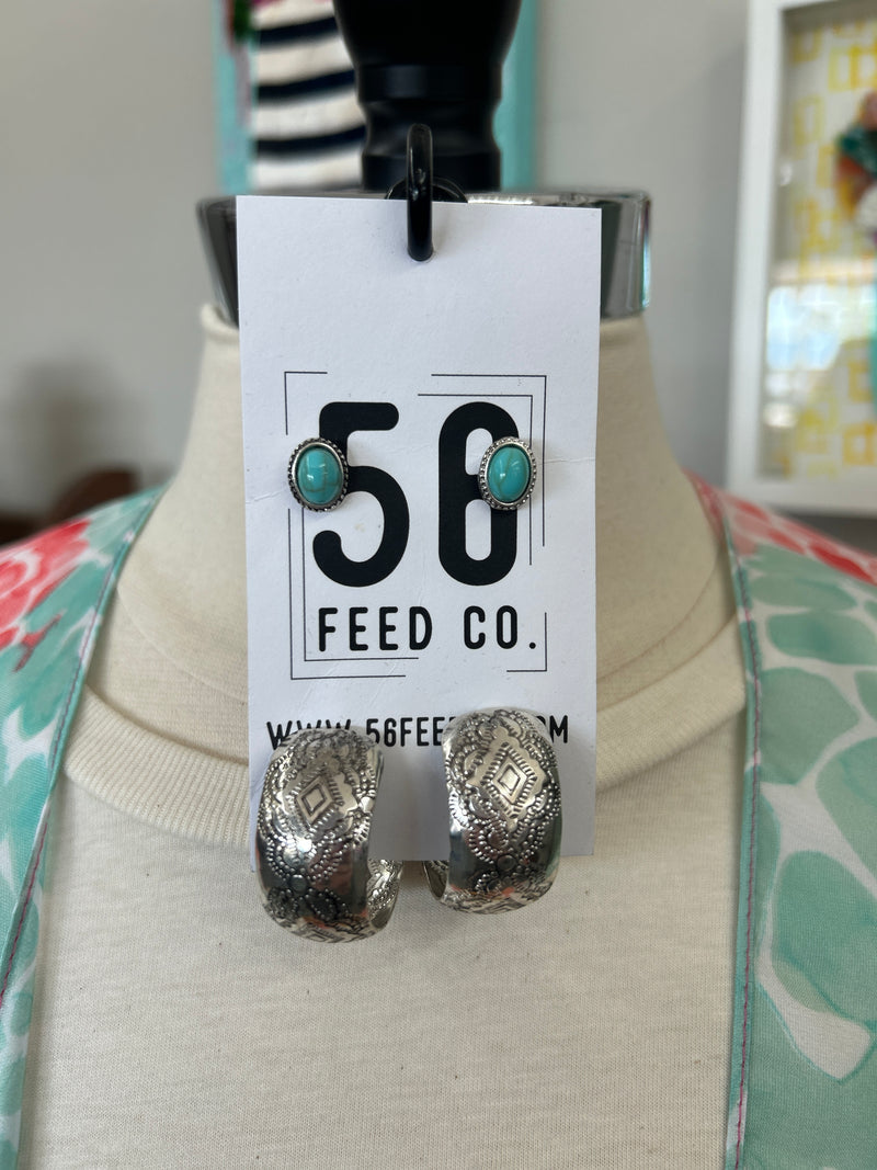Earrings | Western Turquoise Stud + Silver Hoop Set