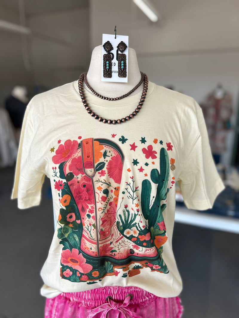 Bling-A-Gogo | Floral Boot with Rhinestones on Natural Crew Neck Tee