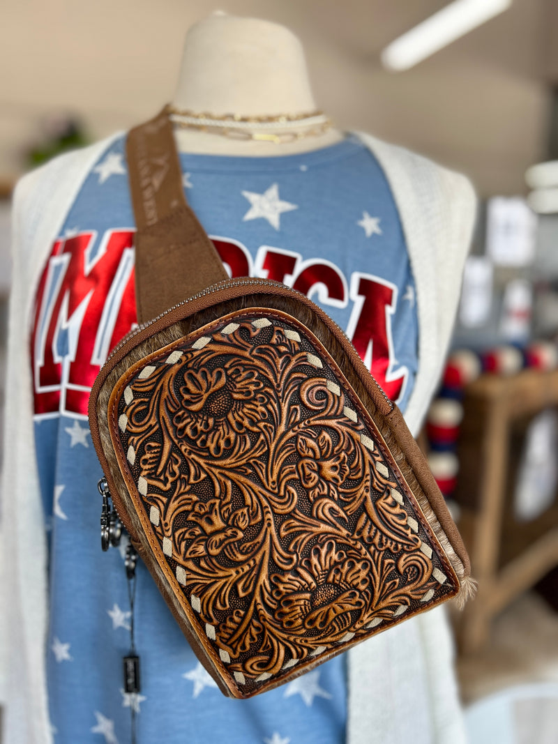 Montana West | Floral Tooled Genuine Cowhide Trimmed Sling Bag