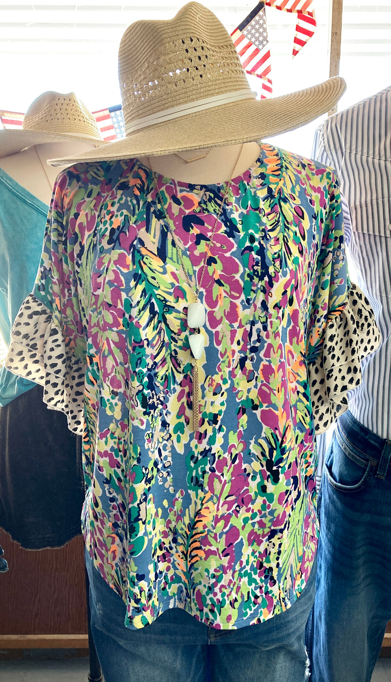 Floral Top with Leopard Print Ruffled Bell Sleeve