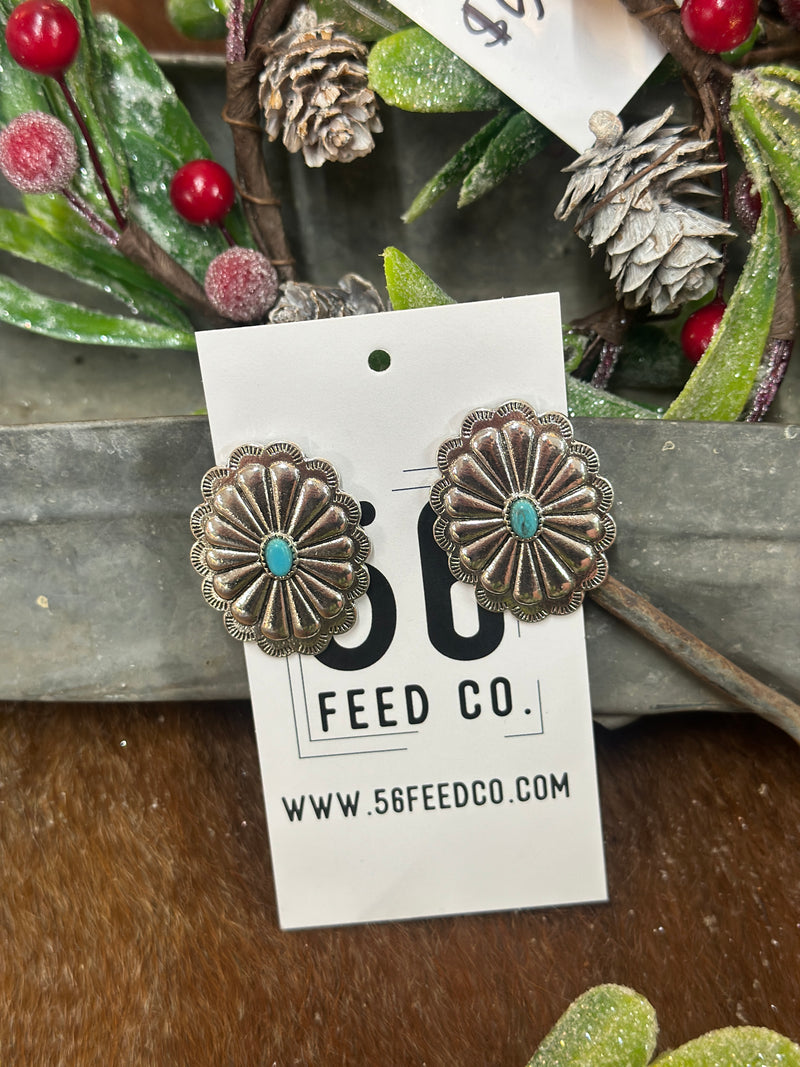 Earring | Flower Pattern Inlaid with Turquoise Silver Plated Stud Earring