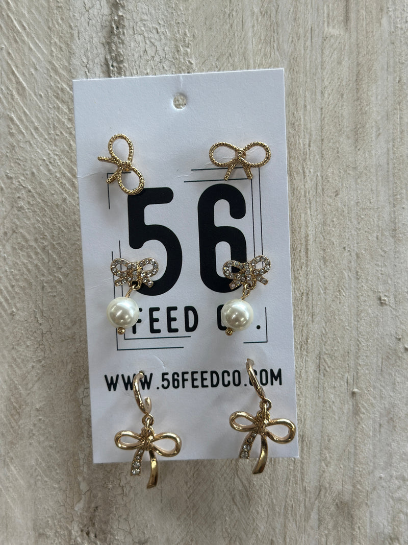 Earring | Gold + Pearl Bow Set of 3 Studs