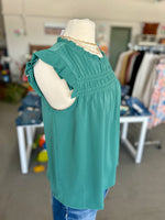 Staccato l Green High Ruffle Sleeve with Keyhole Back Neck Gathered Top
