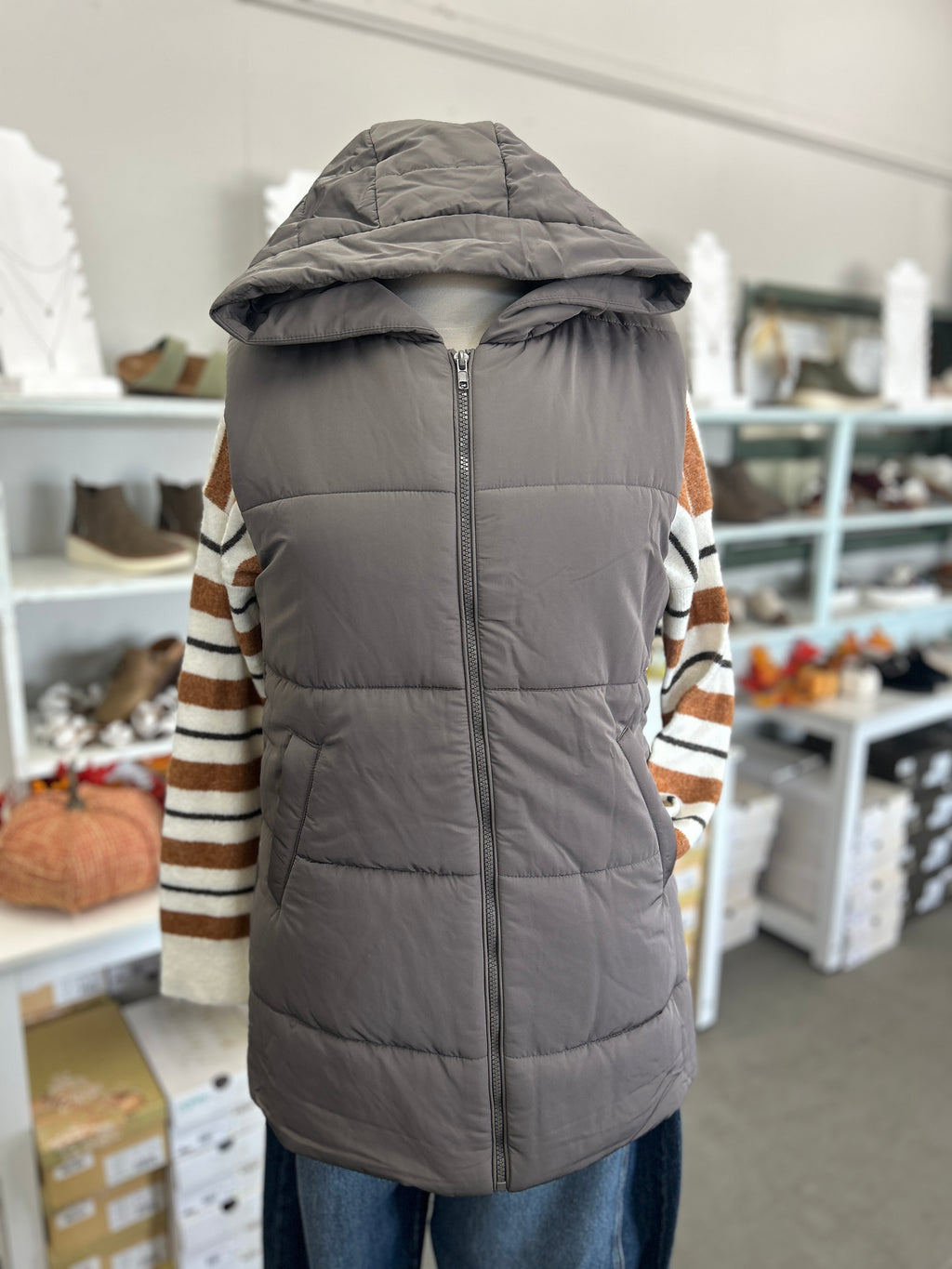 Staccato | Gun Metal Hooded Tunic Zip Up Puffer Vest