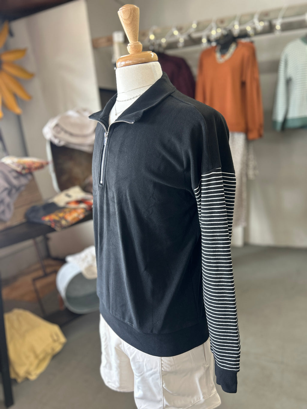 Staccato l Half Zip Black Stripe Sleeve Sweatshirt