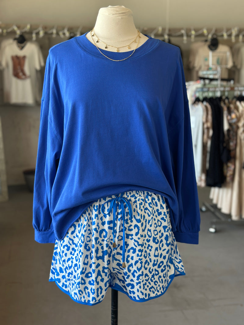 Women's Blue Leopard Elastic Waist Casual Short