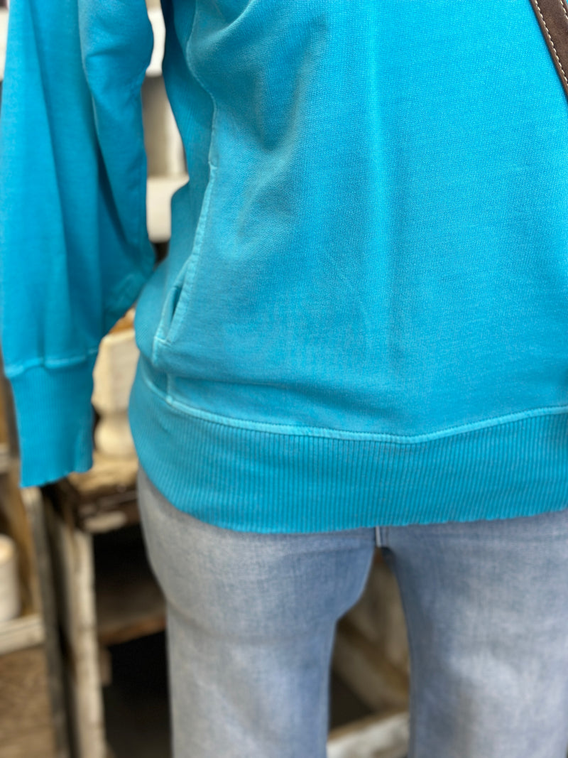 Women's Ice Blue Pigment Dyed French Terry Pullover with Pockets