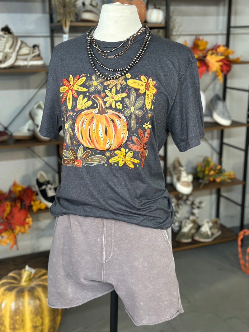 Women's Charcoal Pumpkin Floral Crew Neck Tee