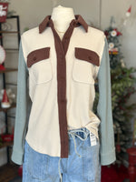 Staccato | Ivory Corduroy Color Block Button Up Shacket