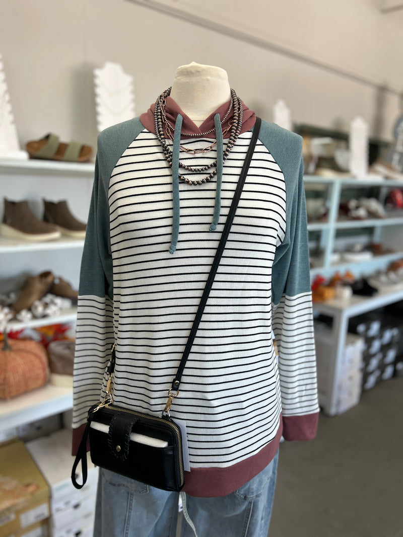 Staccato | Ivory + Burgundy Striped Color Block Drawstring Neck Longsleeve Hood Sweatshirt