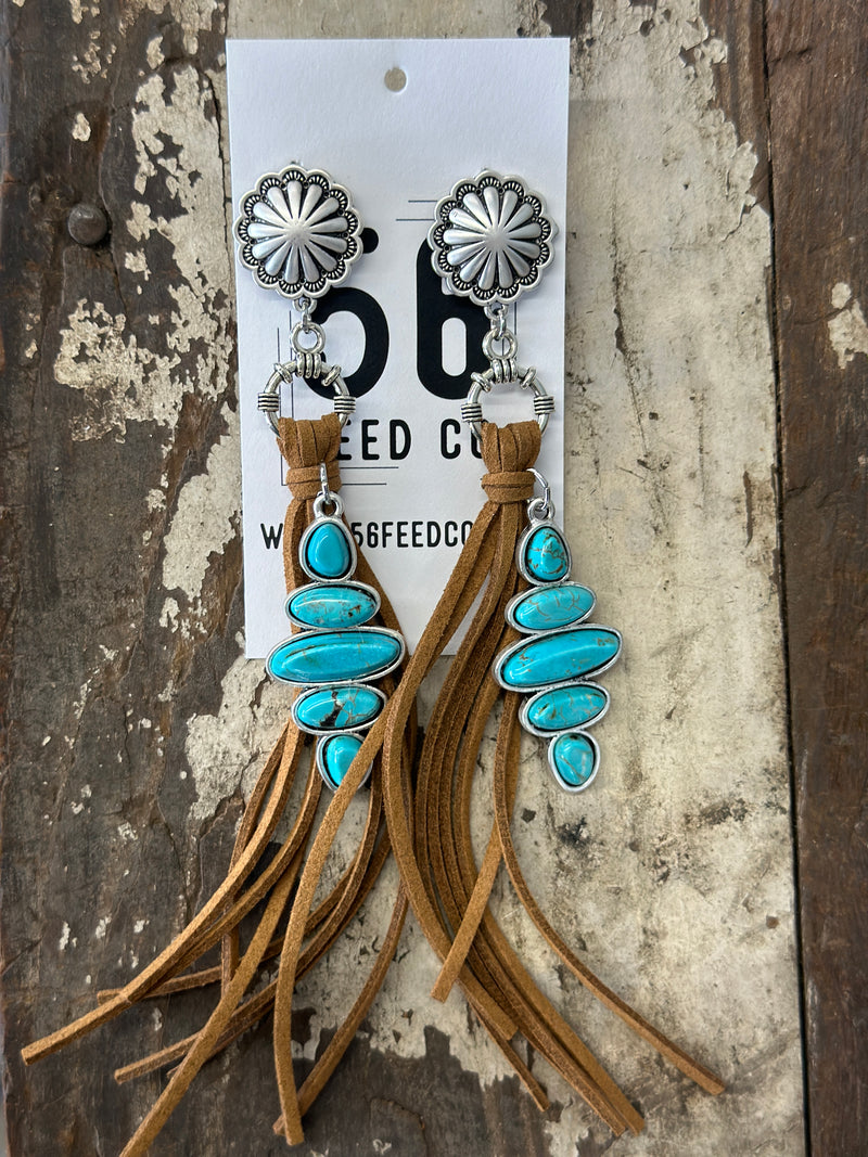 Earring | Large Turquoise Tassel Brass Post Earrings