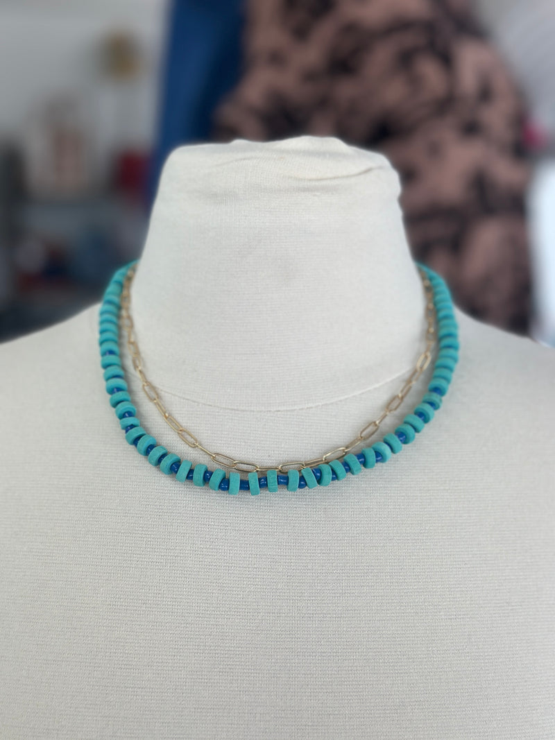 Necklace | 2 Layer Turquoise + Gold Chain Necklace and Gold Stud Set