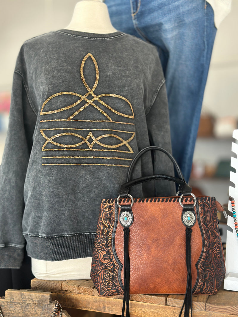 Merigold Kiss | Charcoal Acid Wash Sweatshirt with Sequin Boot Stitch