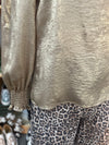 Women's Metallic Gold Round Neck Smocked Sleeve Blouse