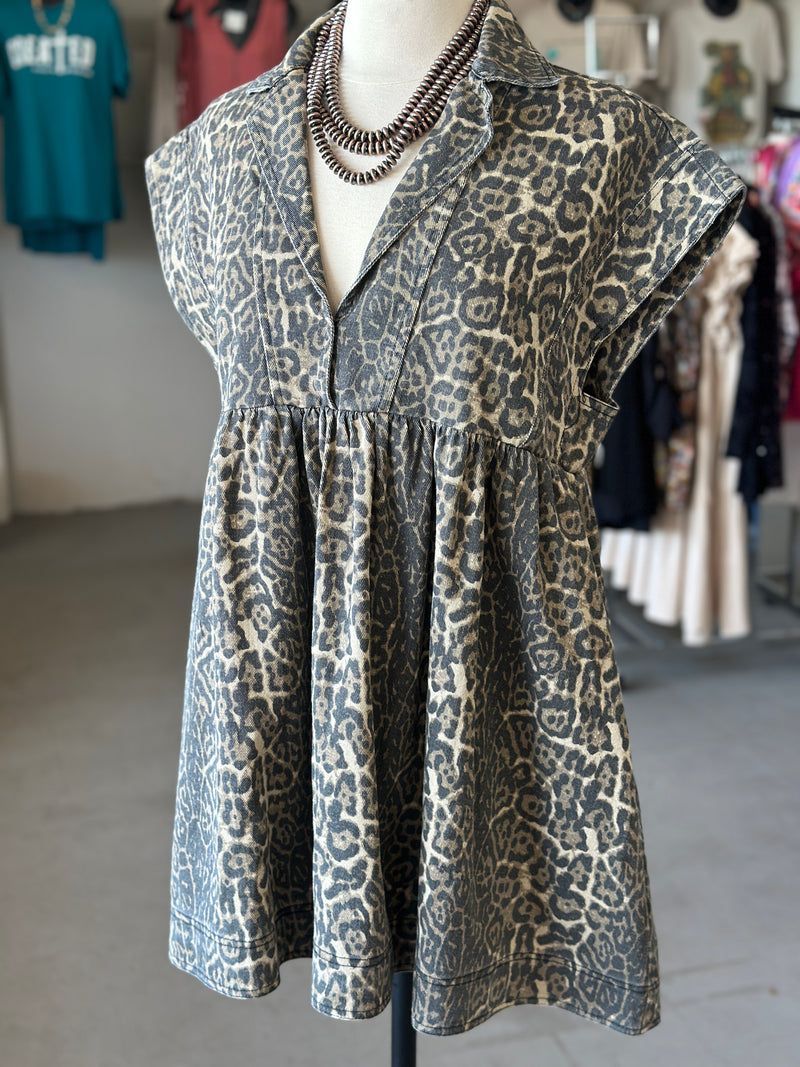 Women's Mineral Washed Leopard Mini Dress with Pockets