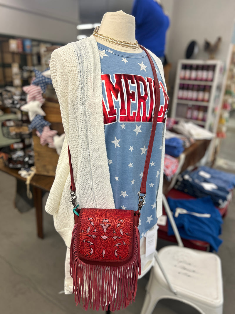 Montana West | Red Genuine Leather Tooled Fringe Crossbody