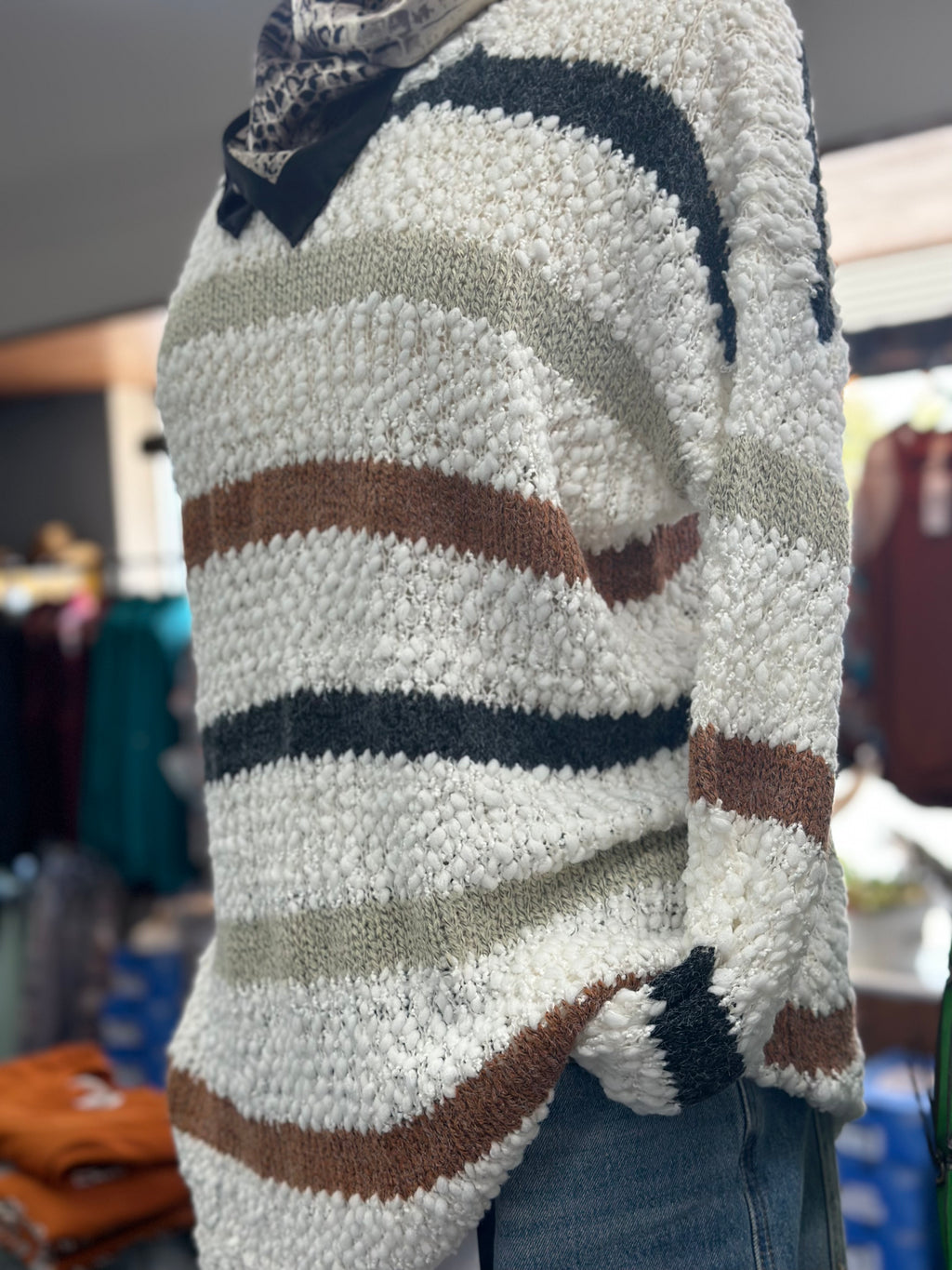 Cream Sweater with Multi Color Stripes + Bubble Sleeves