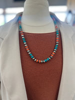 Necklace | 24 inches Silver Navajo Bead with Orange + Turquoise Stone Beads