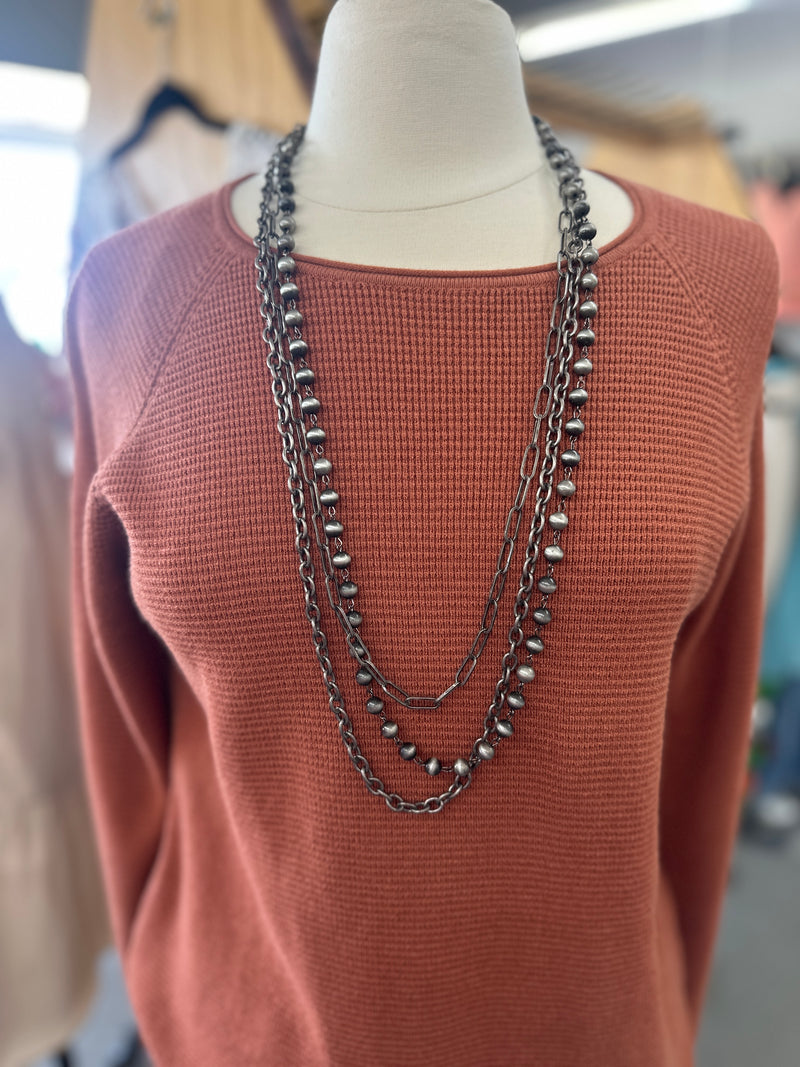 Necklace | 3 Layers Silver Metal Chain + Navajo Pearl Necklace
