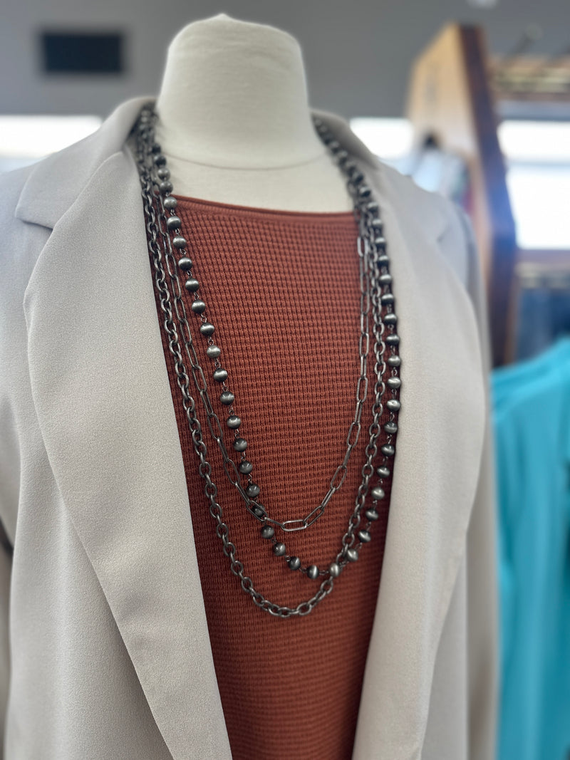 Necklace | 3 Layers Silver Metal Chain + Navajo Pearl Necklace