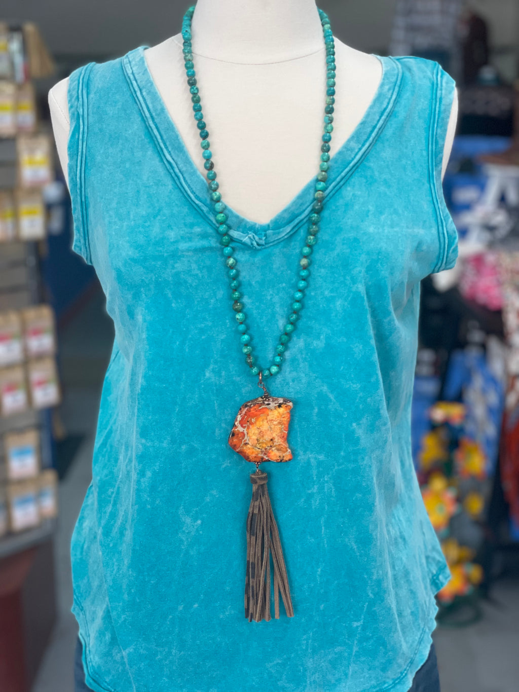 Necklace | Long Orange Copper Turquoise Stone Cheetah Tassel & Turquoise Beads