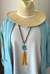 Necklace | Long Turquoise Stone Yellow Tassel & Copper Beads