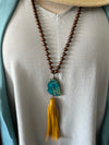 Necklace | Long Turquoise Stone Yellow Tassel & Copper Beads