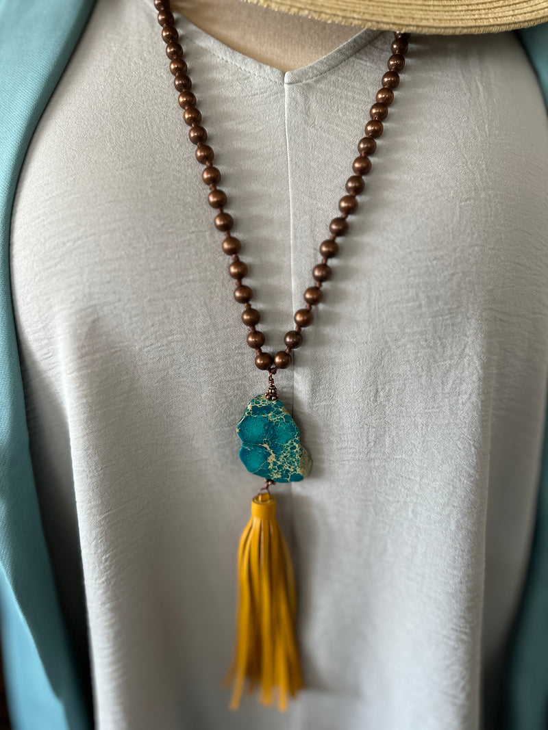 Necklace | Long Turquoise Stone Yellow Tassel & Copper Beads