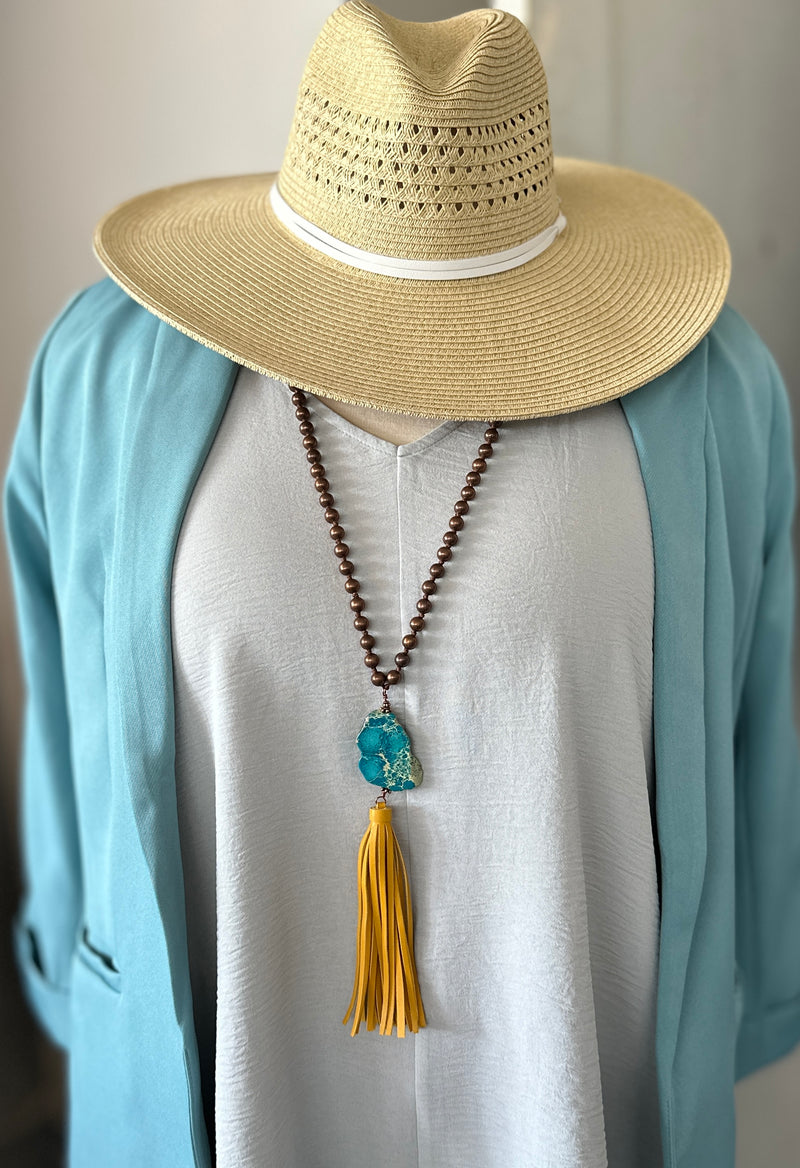 Necklace | Long Turquoise Stone Yellow Tassel & Copper Beads