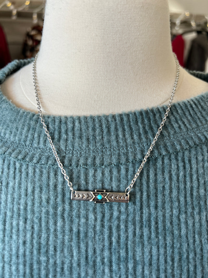 Necklace | Long Bar Aztec Design with Turquoise Inlay Silver Plated Necklace