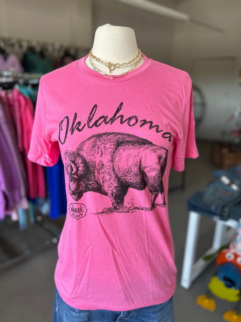 Oklahoma Buffalo Tee Heather Charity Pink Crew Neck