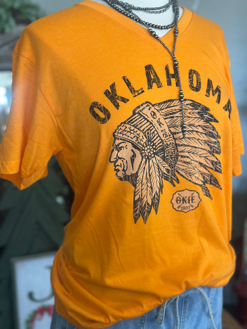 Oklahoma Indian Head Chief Tee Antique Gold V-Neck