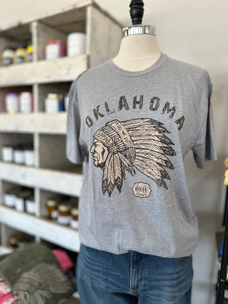 Oklahoma Indian Head Chief Tee l Ash Grey Crew Neck