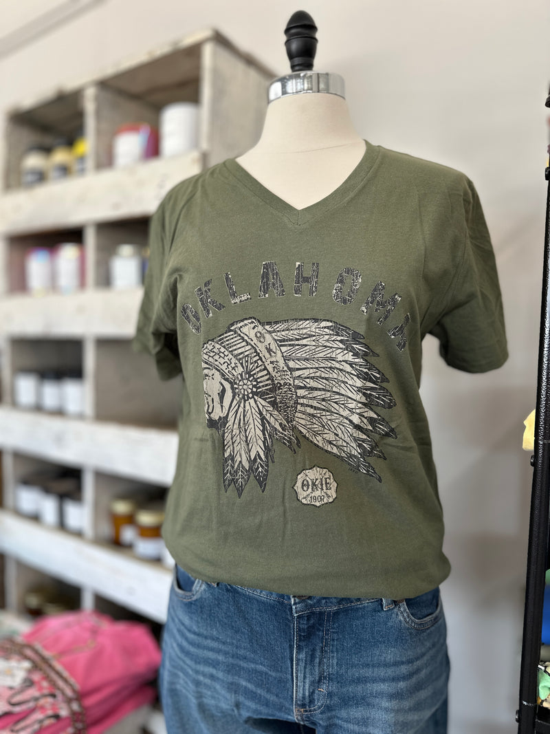 Oklahoma Indian Head Chief Tee l Olive V-Neck