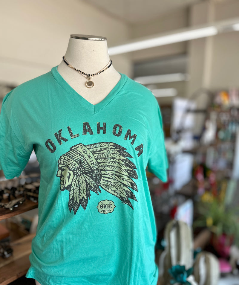 Oklahoma Indian Head Chief Tee l Turquoise V-Neck