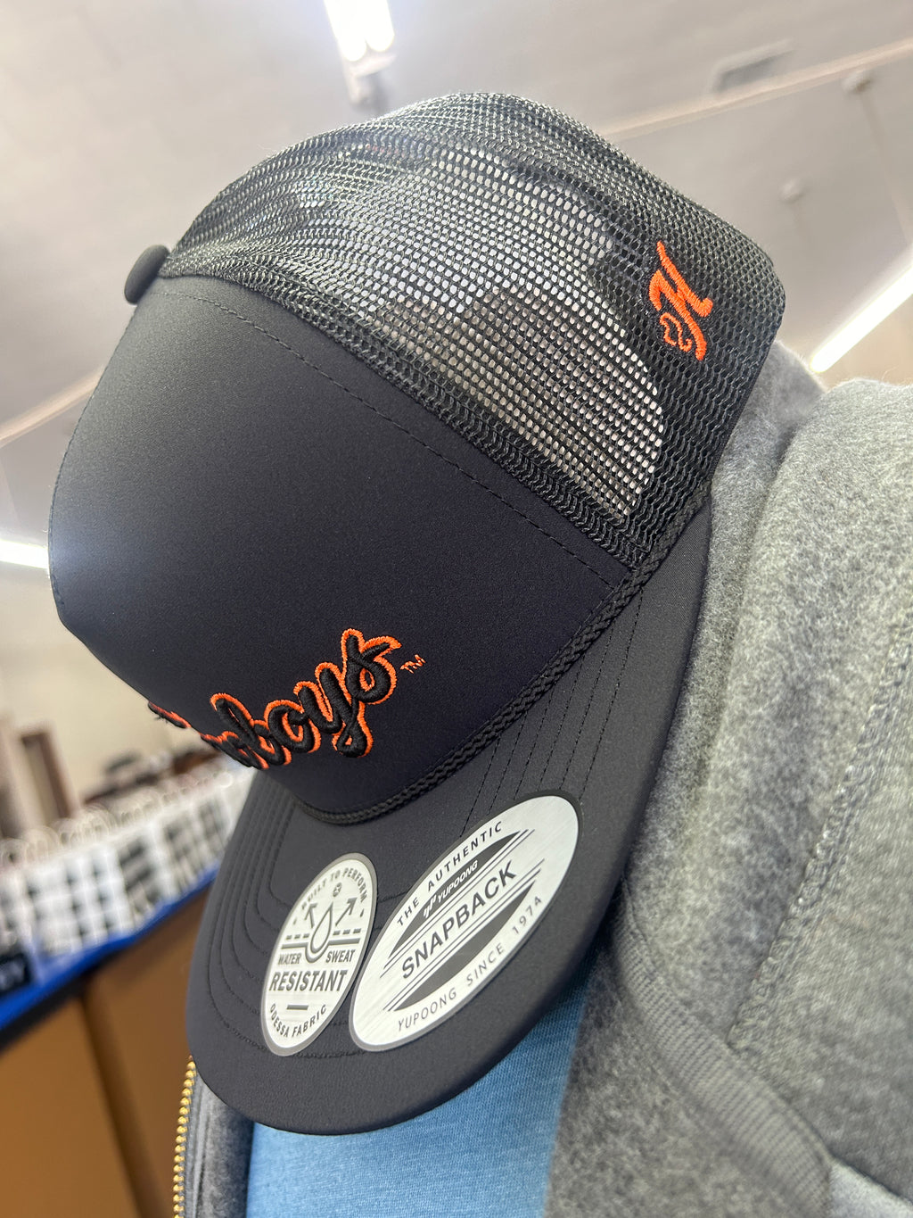 Hooey l Oklahoma State Black 5-Panel Trucker with Black/Orange "Cowboys" Script Logo [7312T-BK]