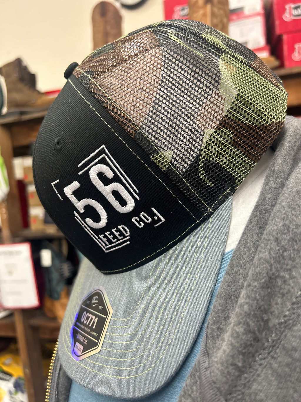 56 Feed Co | Outdoor Cap Black/Camo/Grey with White Logo Adjustable Snapback Trucker Cap [OC771]