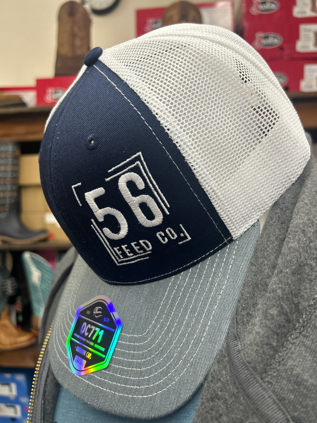 56 Feed Co | Outdoor Cap Navy/White/Grey with White Logo Adjustable Snapback Trucker Cap [OC771]