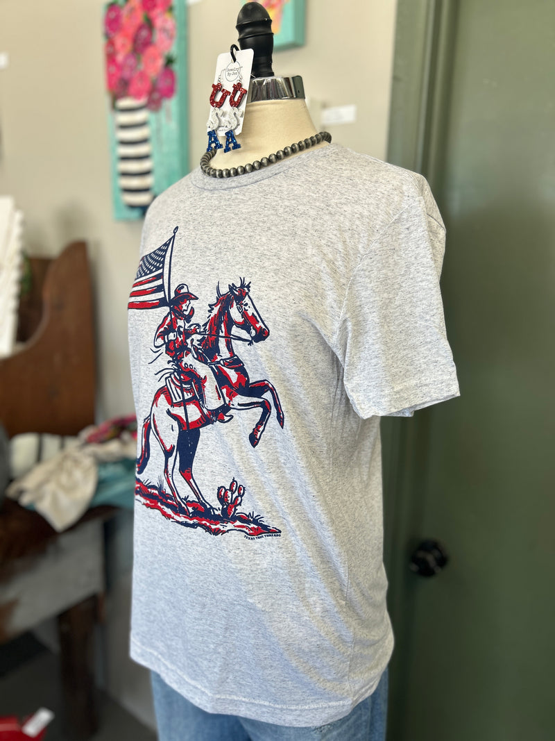 Texas True Threads | Patriotic Cowboy White Fleck Crew Neck Tee