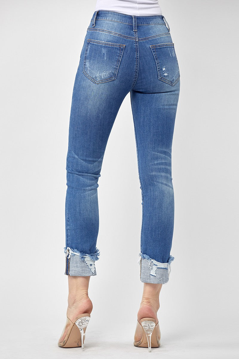 Risen Jeans | Medium Wash Midrise Frayed Cuff Ankle Straight Jeans [RDP1235]