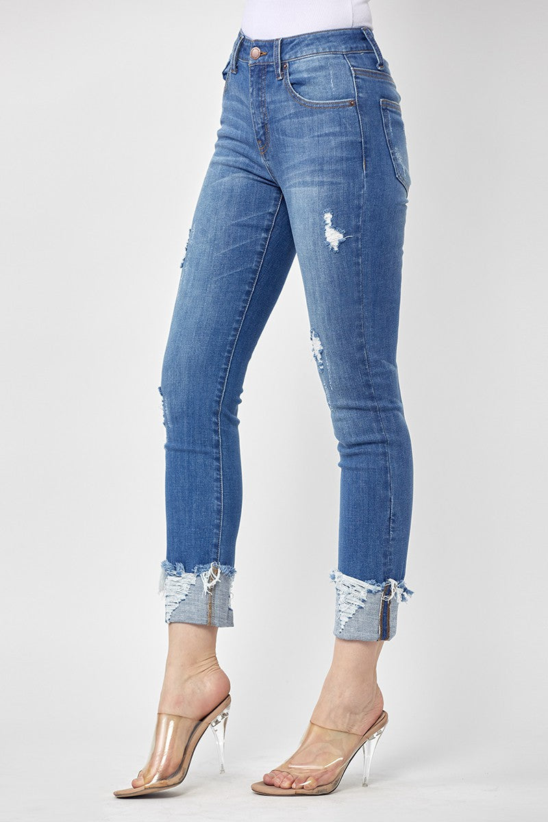 Risen Jeans | Medium Wash Midrise Frayed Cuff Ankle Straight Jeans [RDP1235]