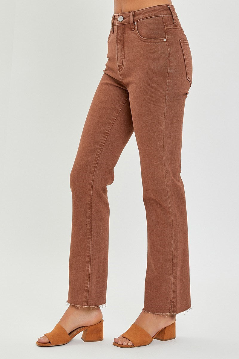 Risen Jeans | Espresso High Rise Tummy Control Raw Hem Straight [RDP5507]