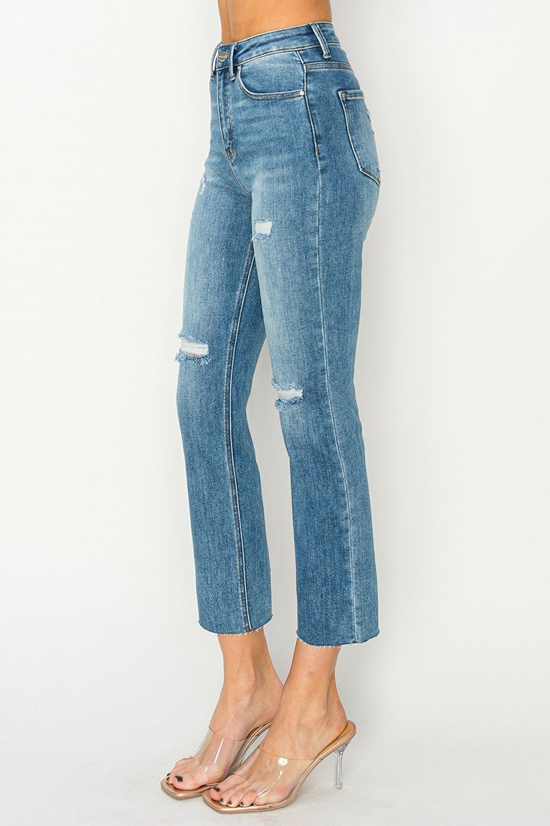 Risen Jeans | High Rise Knee Distressed Slim Straight Jeans [RDP5755]