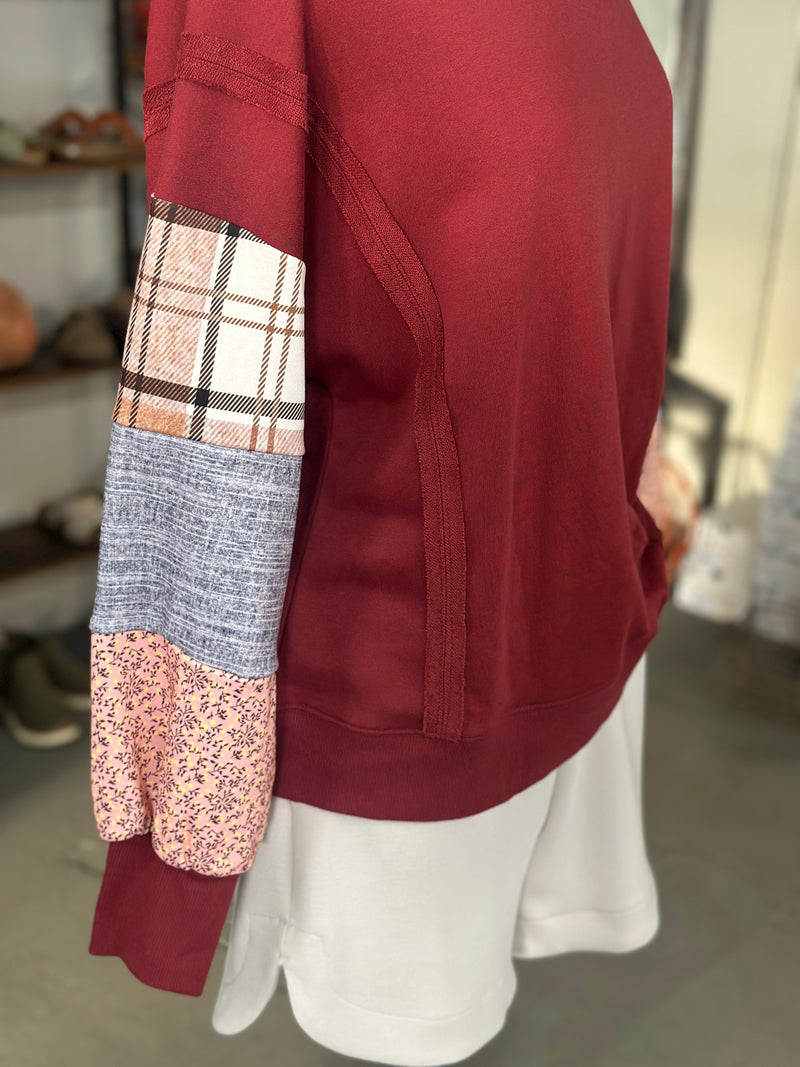 Women's Red Sandalwood Plaid Colorblock Patched Sleeve Raw Seam Sweatshirt