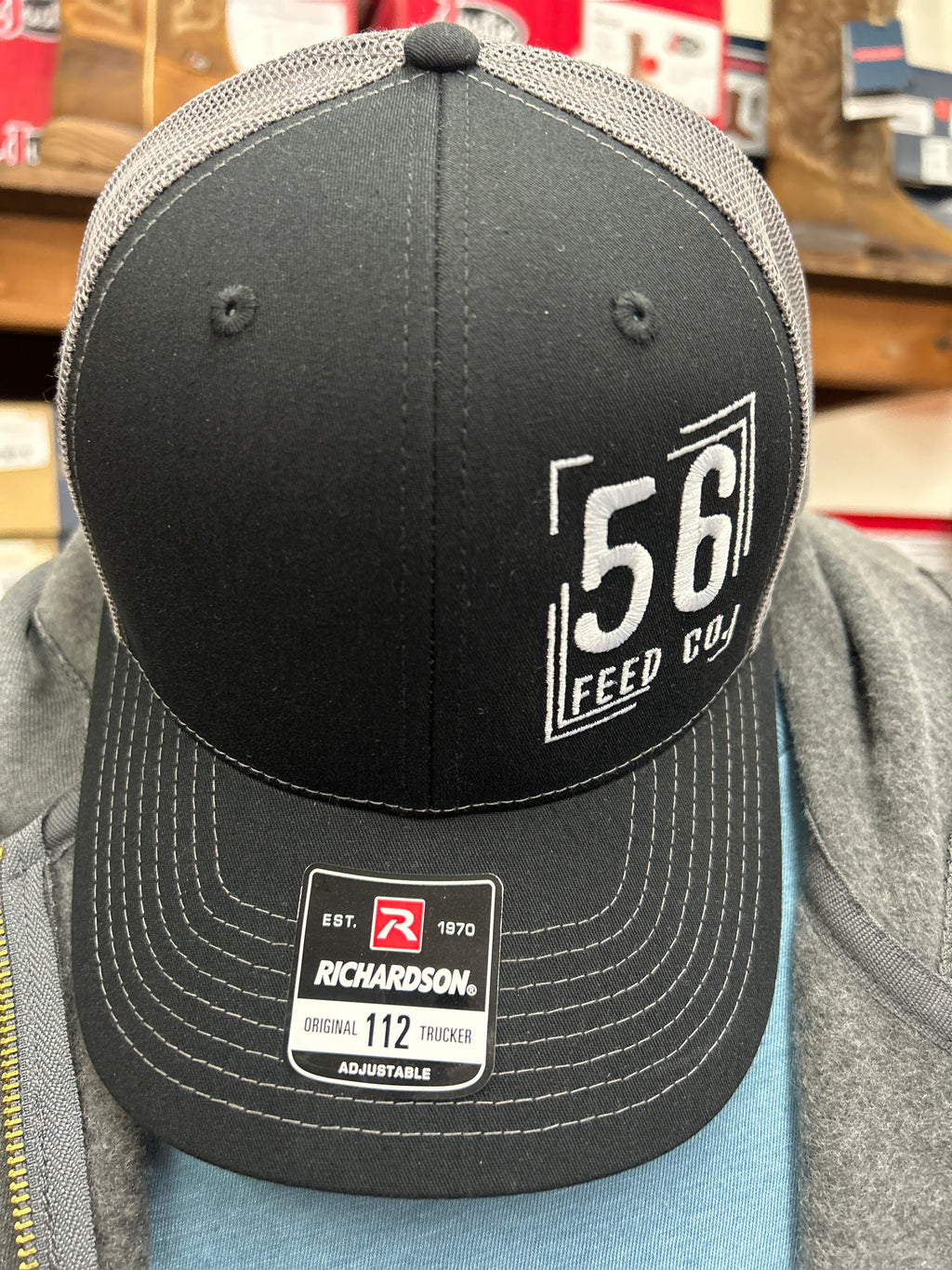 56 Feed Co | Richardson 112 Black/Charcoal with White Thread Adjustable Snapback Trucker Cap