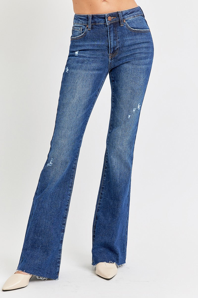 Risen Jeans | Dark Mid-Rise Flare Distressed Long Jeans [RDP5366]