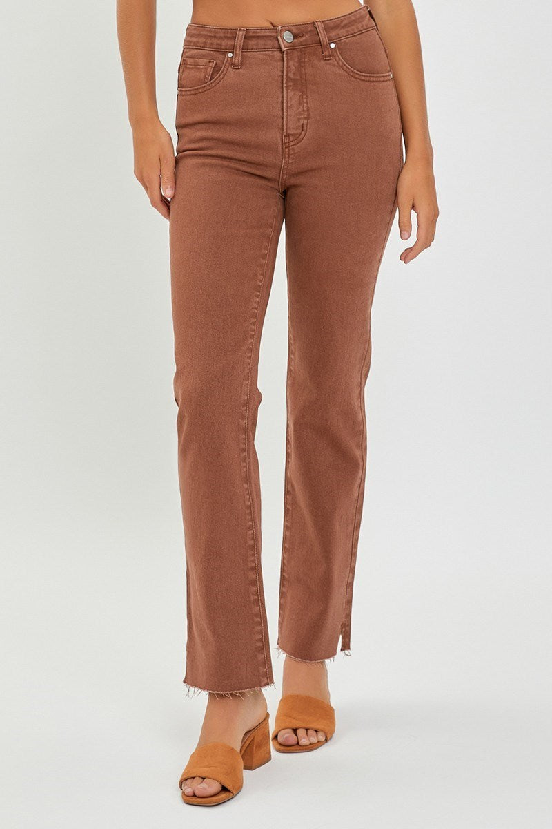 Risen Jeans | Espresso High Rise Tummy Control Raw Hem Straight [RDP5507]