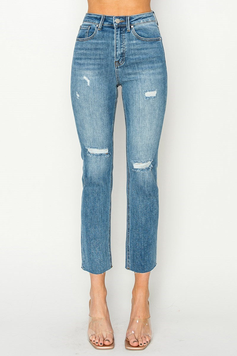 Risen Jeans | High Rise Knee Distressed Slim Straight Jeans [RDP5755]