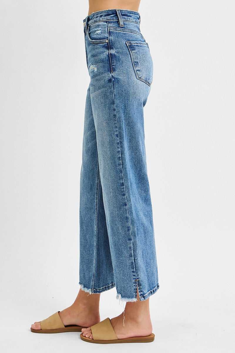 Risen Jeans | Medium High-Rise Crop Wide Leg with Side Slit + Frayed Hem [RDP5590CH]