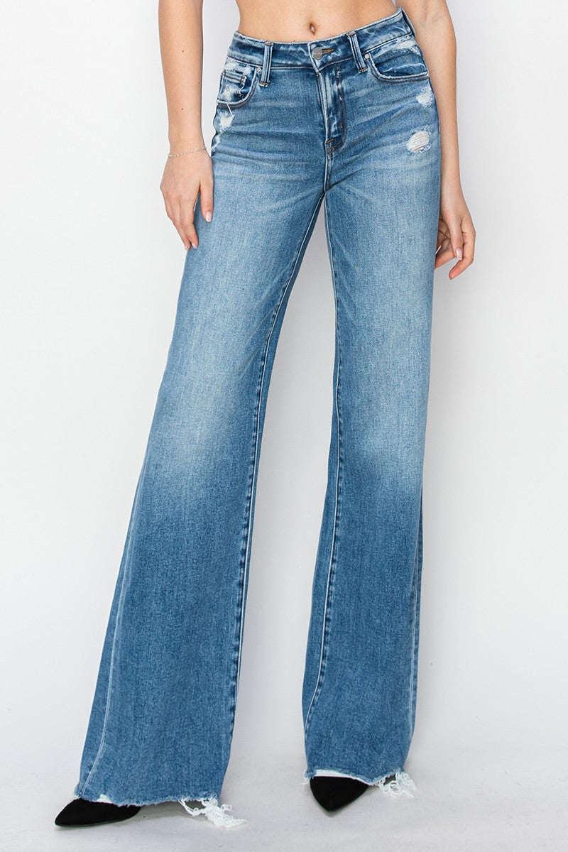 Risen Jeans | Medium Tummy Control Mid-Rise Wide Leg Jeans with Frayed Hem [RDP5890]